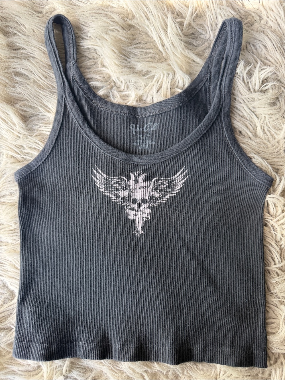 Brandy Melville Faded Black Ribbed Tank with White Winged Skull Graphic - Picture 1 of 3